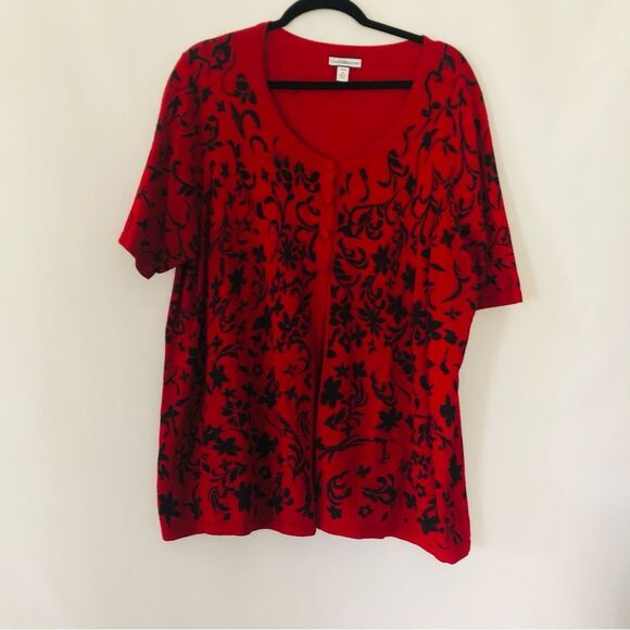 Knit Short sleeve cardigan,l 2X Snap Button Round Neck Floral Red Black Plus - Picture 11 of 11